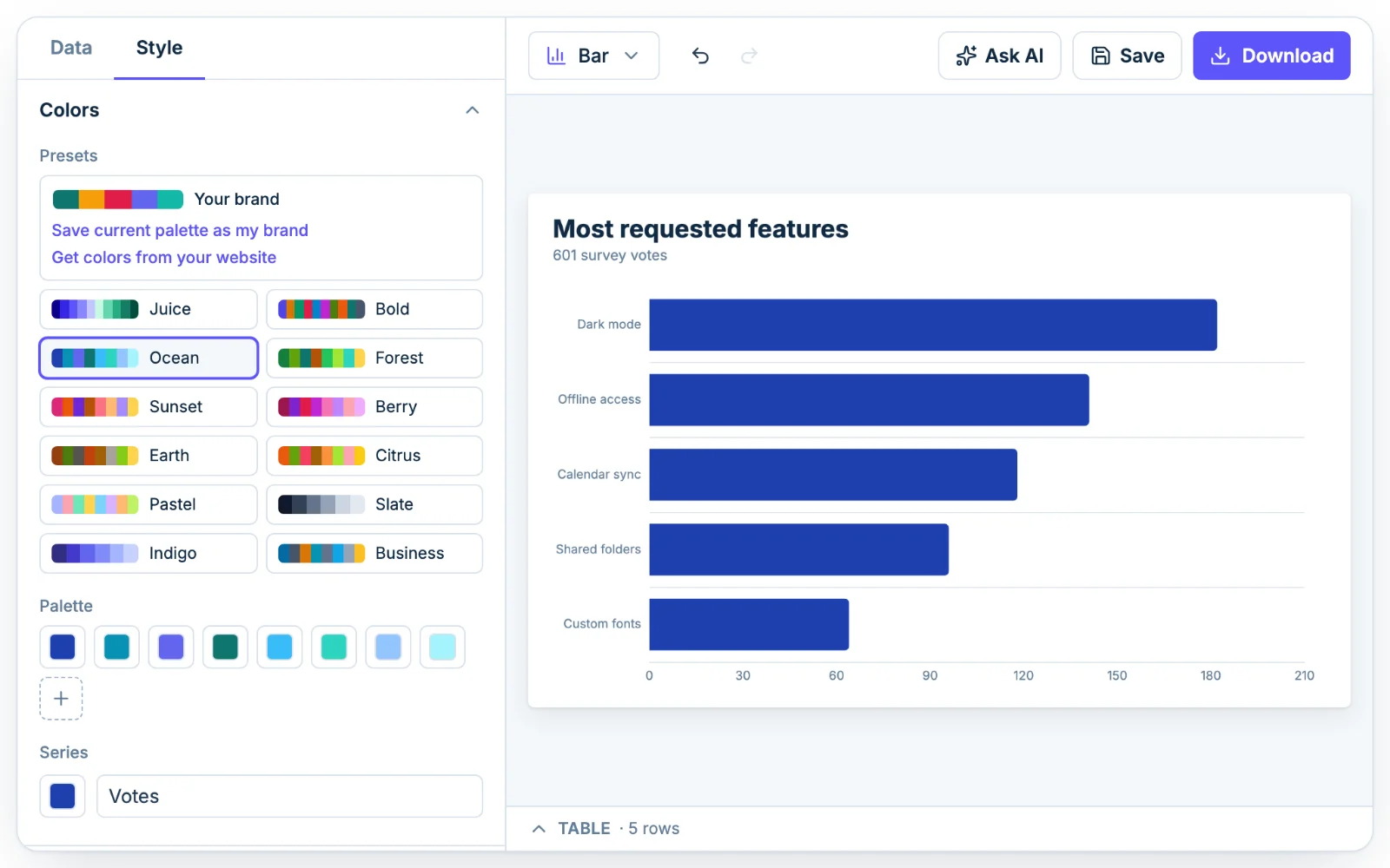 The Colors section in Chartjuice with preset palettes, open beside a bar graph