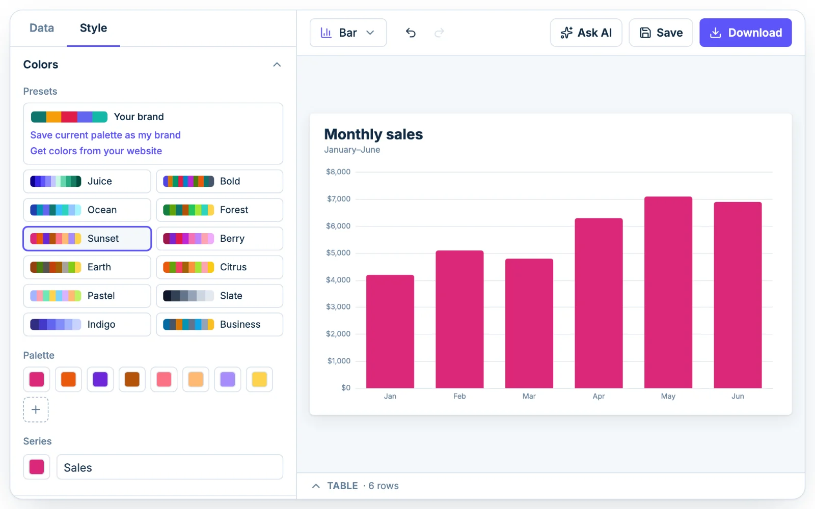 The Colors section in Chartjuice with preset palettes, open beside a chart