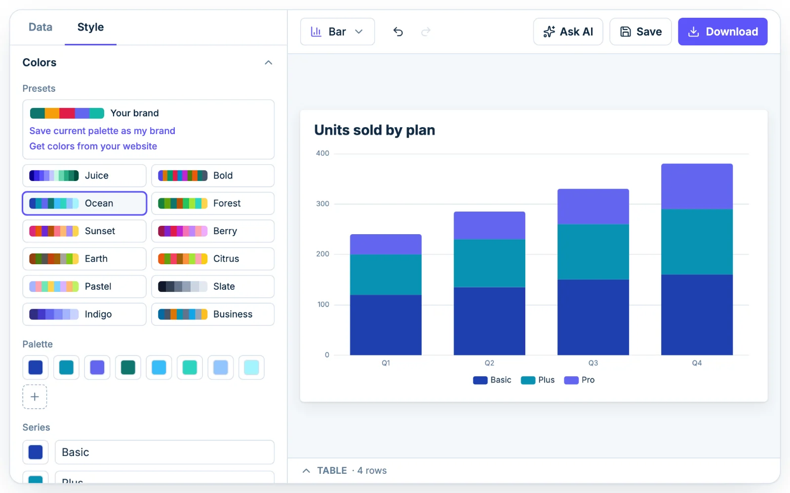 The Colors section in Chartjuice with preset palettes, open beside a stacked bar chart