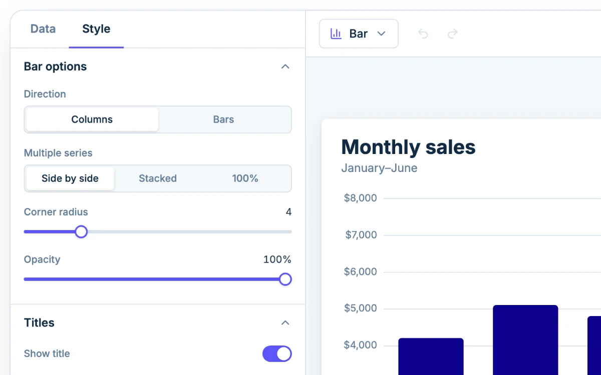The Style tab in Chartjuice, open beside a chart