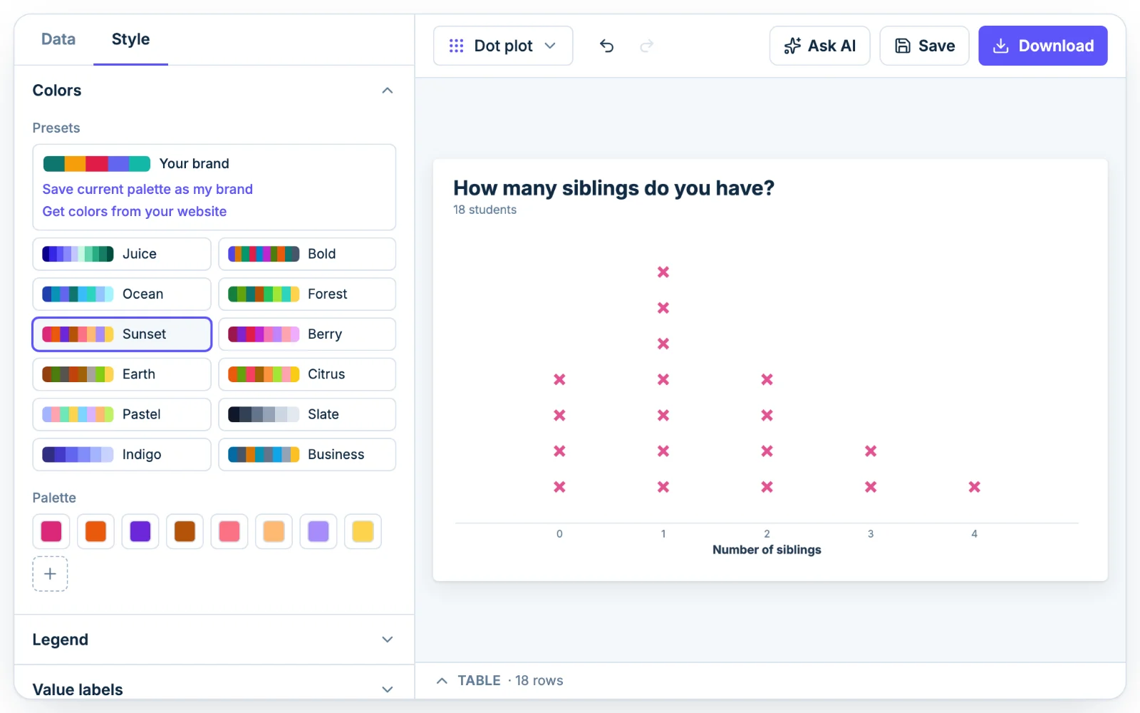 The Colors section in Chartjuice with preset palettes, open beside a line plot